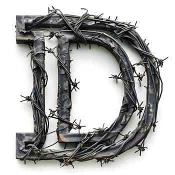 The letter D is crafted from barbed wire, resembling a twig in a rectangular font. This metal fashion accessory features a unique pattern, combining natural materials like wood and wire