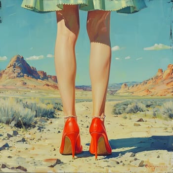A woman in red high heels stands tall in the desert, contrasting against the natural landscape. Her footwear adds beauty to the vast sky and sloping terrain