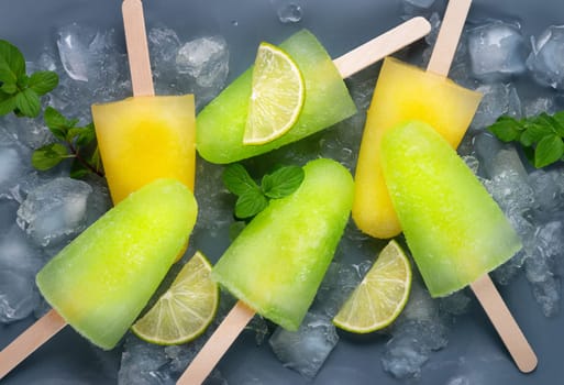 Homemade popsicles with lime juice, mint and orange ice lolly.