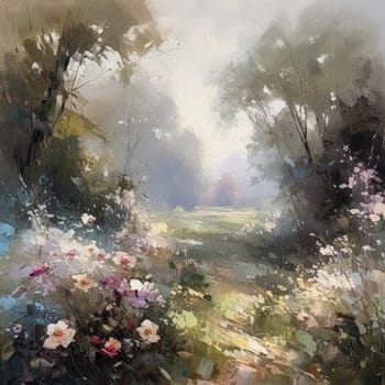 Oil style fine art painting of the English countryside, depicting romantic floral meadow, flowers field in soft pastel colours, evoking a sense of tranquility and natural beauty, printable art design