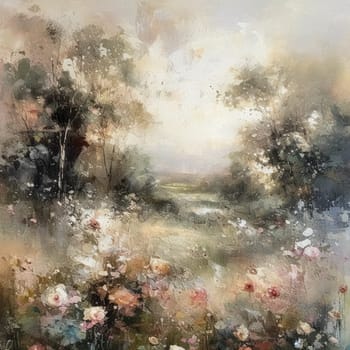 Oil style fine art painting of the English countryside, depicting romantic floral meadow, flowers field in soft pastel colours, evoking a sense of tranquility and natural beauty, printable art design