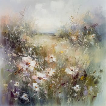 Oil style fine art painting of the English countryside, depicting romantic floral meadow, flowers field in soft pastel colours, evoking a sense of tranquility and natural beauty, printable art design