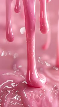 A close up of magenta liquid slowly dripping down a surface, showcasing the fluidity and vibrant color of the drink