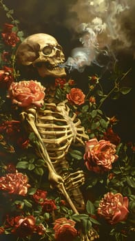 A skeleton is depicted in a painting surrounded by red roses, creating a striking contrast between death and the beauty of the flowering plants