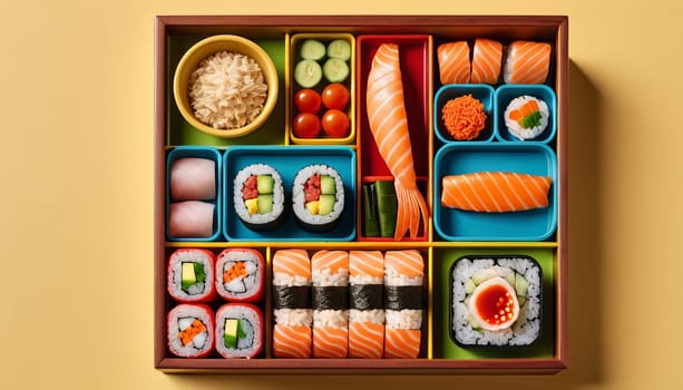 A tray of assorted sushi and other Asian food. The tray is filled with a variety of sushi rolls, including some with eggs and vegetables. The presentation is colorful and appetizing
