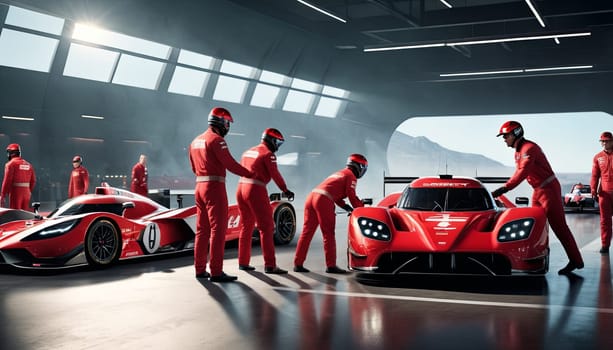 A group of men in red jumpsuits stand around a red race car. The car is parked in a large, well-lit room. Scene is one of excitement and anticipation