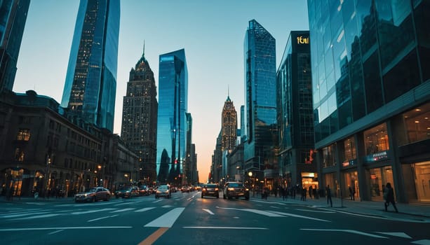 A busy city street with tall buildings and lots of traffic. The sky is a beautiful blue color