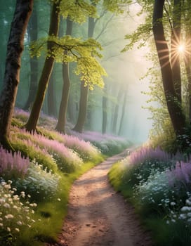 A path through a forest with wildflowers and trees. The flowers are pink and white. The path is lined with trees and the sky is blue