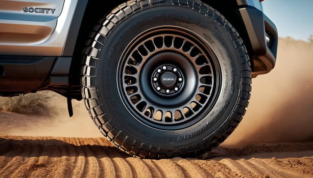 A black tire with a white stripe on it is shown in the desert. The tire is on a truck and is surrounded by sand