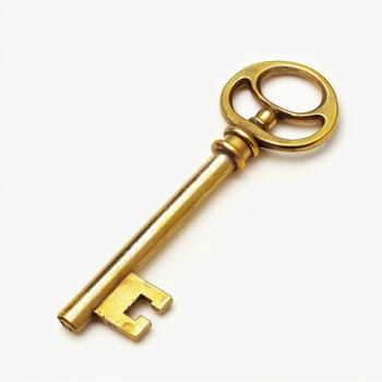 Large brass key on white background. Generative AI.