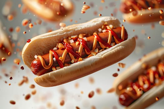 Delicious hot dogs in flight with drops of ketchup and mustard on a white background. Fast food concept.