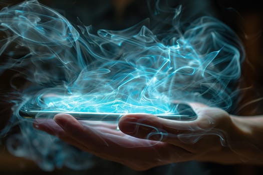 A modern smartphone in a hand in a cloud of smoke on a dark background, close-up.