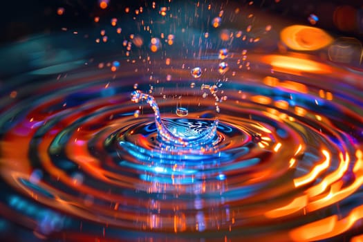 The drop comes into contact with the surface of the water and creates whirlpool on the surface. Close-up of a falling drop.
