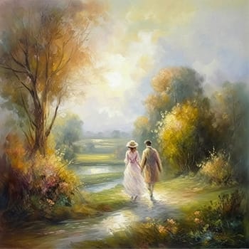 Oil style fine art painting of romantic vintage couple in the English countryside, country nature in soft pastel colours, evoking a sense of love and natural beauty, printable art design