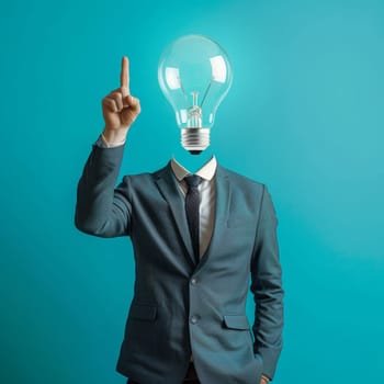 Businessman with a light bulb head and a raised finger symbolizing a new idea in business. Concept of think, brainstorming for solution, creativity or invention, brilliant idea discovery, intelligence