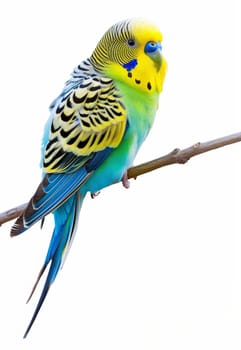 Side view of a colorful parakeet with a detailed feather pattern and a curious gaze