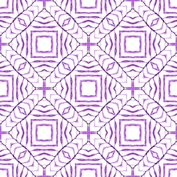 Textile ready noteworthy print, swimwear fabric, wallpaper, wrapping. Purple alive boho chic summer design. Watercolor ikat repeating tile border. Ikat repeating swimwear design.