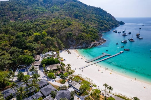 Aerial view of Siam bay in koh Racha Yai also known as Raya Island in Phuket, Thailand, south east asia