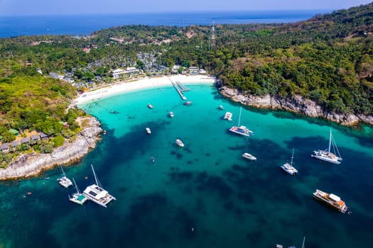 Aerial view of Siam bay in koh Racha Yai also known as Raya Island in Phuket, Thailand, south east asia