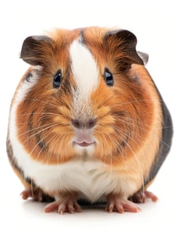 Close-up of a multi-colored guinea pig looking forward with curiosity, isolated on a white background