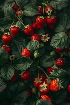 Strawberries are ripening on a flowering plant with green leaves. The red berries contrast beautifully with the leafy green backdrop, making for a picturesque scene of natural foods