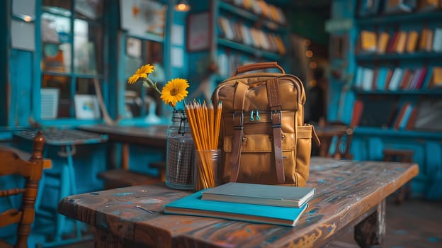 An electric blue backpack is placed on a wooden table in a library, surrounded by chairs and publications. The city noises outside are drowned by the leisurely atmosphere inside