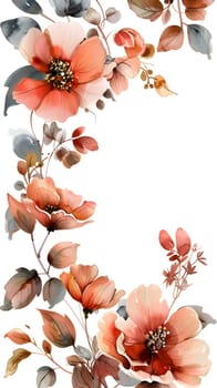 A watercolor painting of peach roses and green leaves on a white background, capturing a delicate and elegant floral arrangement