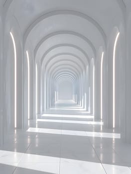 A symmetrical hallway in a building with arches and columns, illuminated by electric blue lights on the walls. The pattern of darkness contrasts with the tints and shades, resembling a piece of art