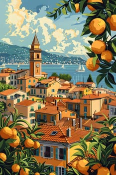 A cityscape painting captures the beauty of orange trees in the foreground against a backdrop of buildings, clouds, and a colorful morning sky