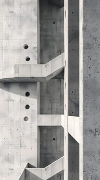 A monochrome photo of a concrete building with wooden stairs, metal fixtures, and a rectangular facade. The composition highlights the contrast between the building materials