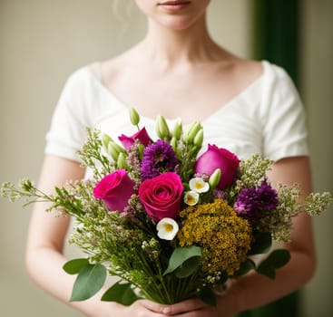 Beautiful lady in a white dress with a luxurious bouquet of flowers. Generative AI spring Illustration with a girl indoor.