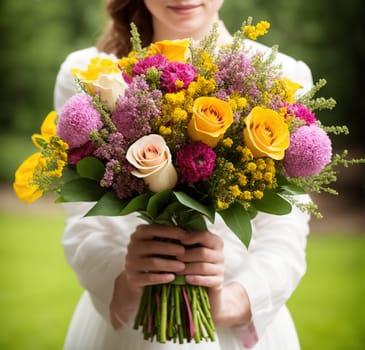 Beautiful rural lady in a white dress with a bouquet of flowers. Generative AI with a girl outdoors in a garden in spring.