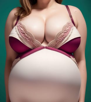 Beautiful Pregnant lady. Photo with copy space of busty adult woman with big stomach in beautiful purple bra and underwear. Generative AI.