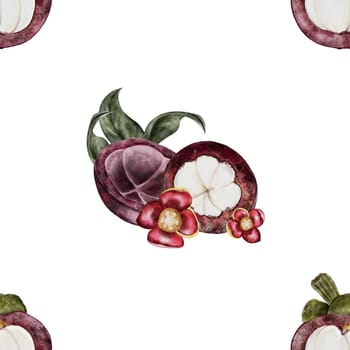 Mangosteen fruit watercolor seamless pattern. Tropical fruit illustration hand drawing on white background. Composition of mangostin and flowers. Botanical clip art of asian food garcinia. For cosmetics packaging design and fresh food packaging