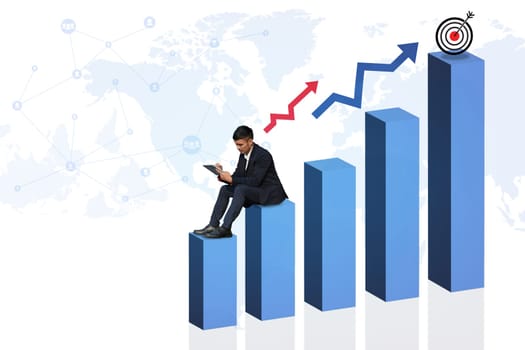 Creative artwork graphics of male economist sitting on increasing graph. Financial growth and success concept.