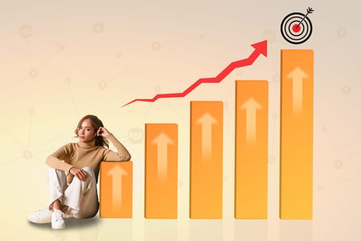 Creative banner poster of young business lady sitting near increasing graph. Finish goal and achievement concept.