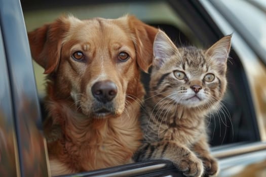 A dog and a cat are sitting in a car window. The dog is looking at the camera while the cat is looking out the window