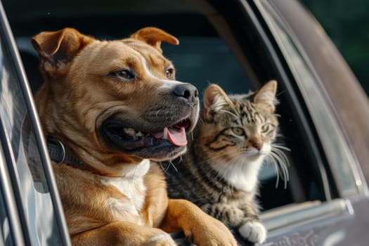 A dog and a cat are sitting in a car window