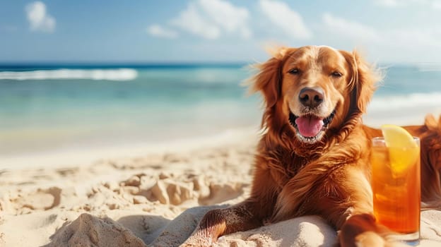 dog lies on the beach with a glass of fresh juice, drink , Generative AI,