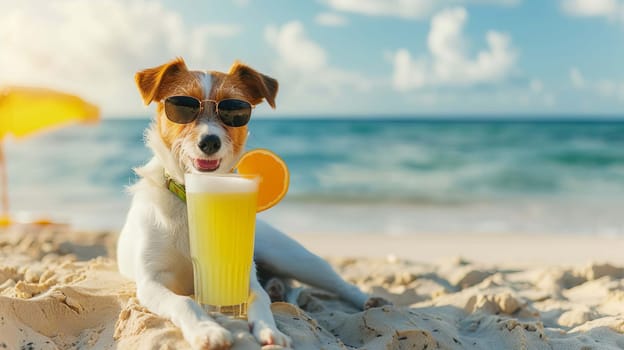 dog lies on the beach with a glass of fresh juice, drink , Generative AI,