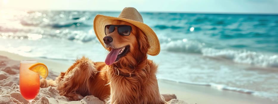 dog lies on the beach with a glass of fresh juice, drink , Generative AI,