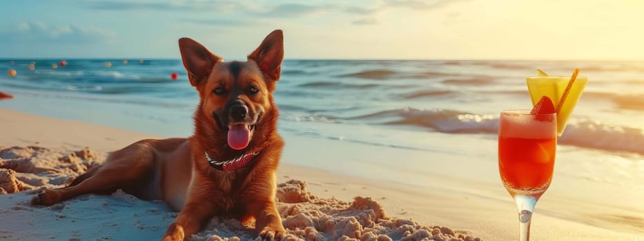 dog lies on the beach with a glass of fresh juice, drink , Generative AI,