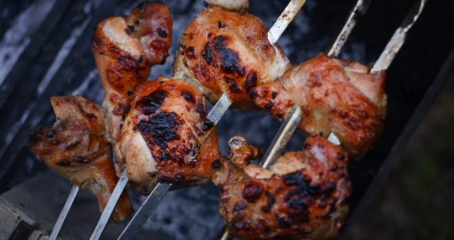 Close-up of grilling tasty dish on barbecue. Process of cooking yummy shashlik in nature. Delicious food on metal skewer in bbq. Time to picnic concept