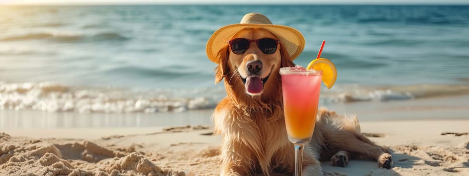 dog lies on the beach with a glass of fresh juice, drink , Generative AI,