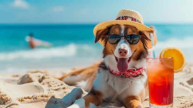 dog lies on the beach with a glass of fresh juice, drink , Generative AI,