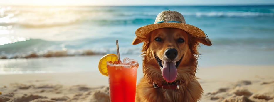 dog lies on the beach with a glass of fresh juice, drink , Generative AI,