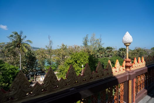 View of fence and lantern in beautiful park. Thailand