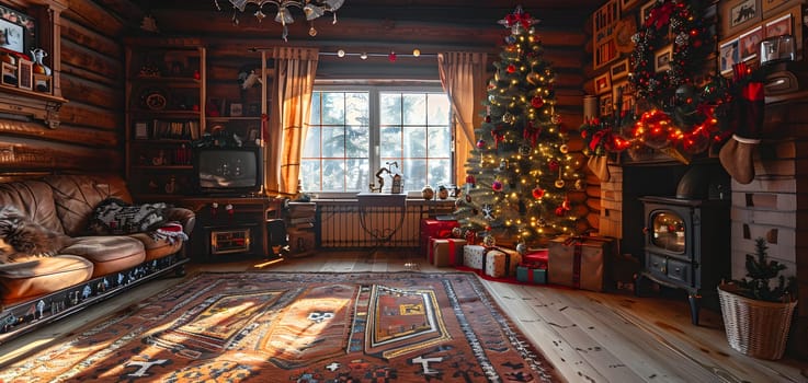 A festive living room decorated for Christmas with a beautiful Christmas tree, presents, and cozy wood flooring. The interior design sets the perfect ambiance for the holiday event