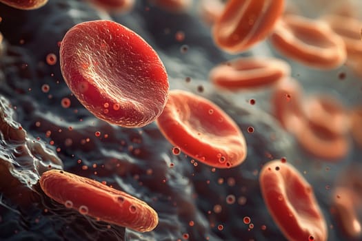 3D illustration of human red blood cells close up. Medical healthcare concept.