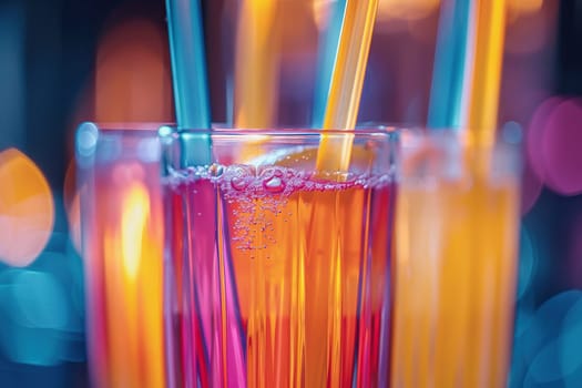 Cocktail with multi-colored straws in a glass on a blurred background.